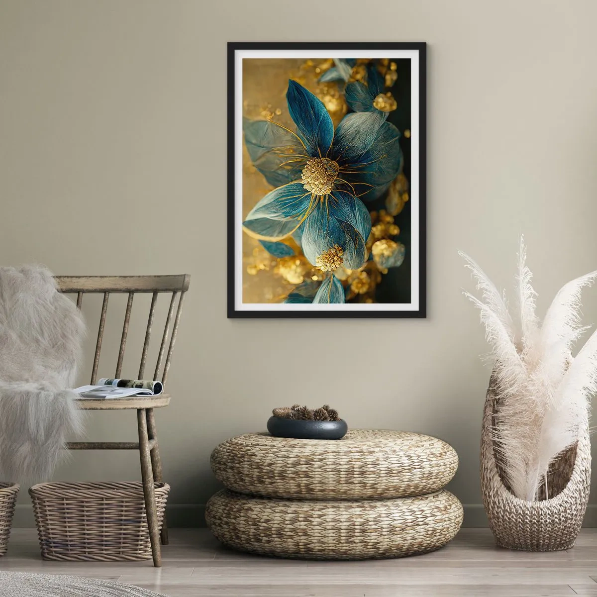 Affisch i svart ram - Guld- och marinblå blommor i en elegant komposition - 50x70cm - Blommande av guld - Modern väggdekoration för vardagsrum och sovrum ARTTOR