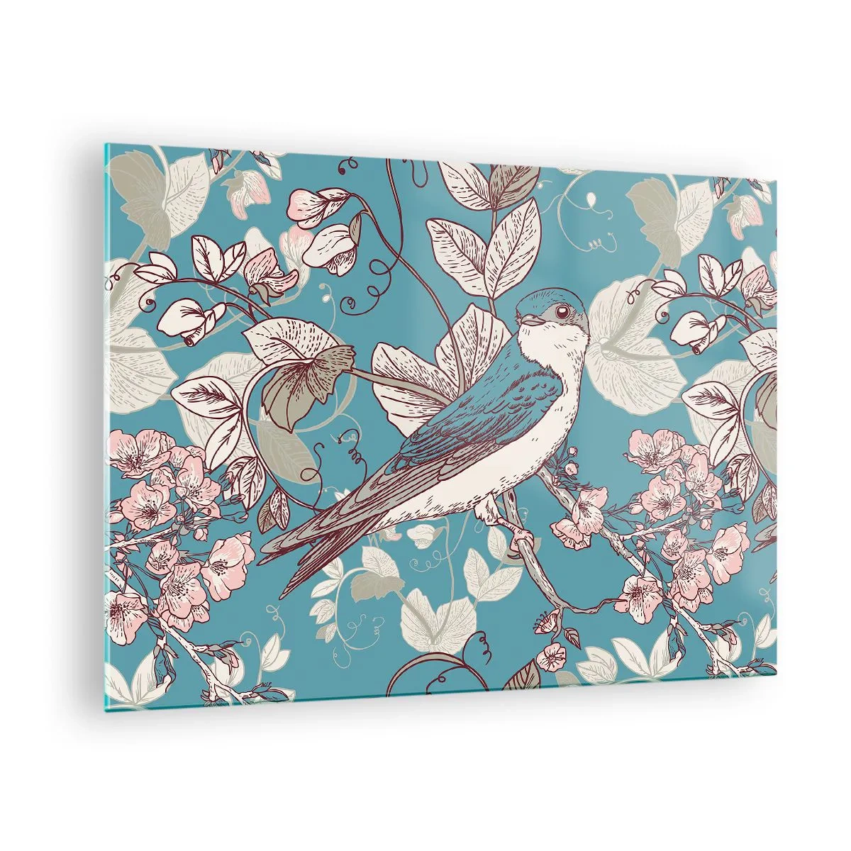 Glastavla - Bild på glas - En fågel på en gren bland blommor på en turkos bakgrund - 70x50cm - Japansk svala - Modern väggdekoration för vardagsrum och sovrum ARTTOR