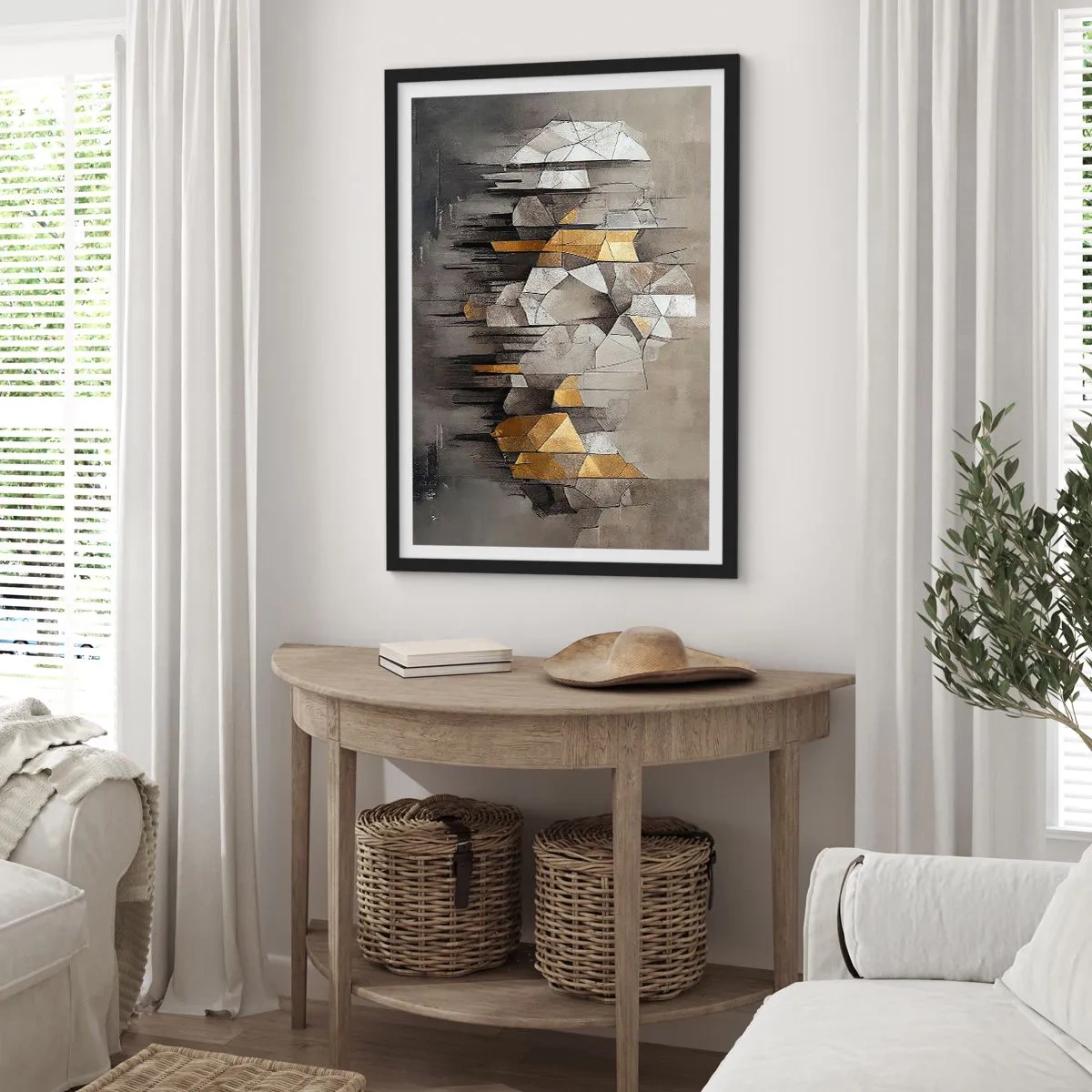 Affisch i svart ram - Geometrisk abstraktion i nyanser av grått och guld - 50x70cm - Komposition av is och ljus - Modern väggdekoration för vardagsrum och sovrum ARTTOR