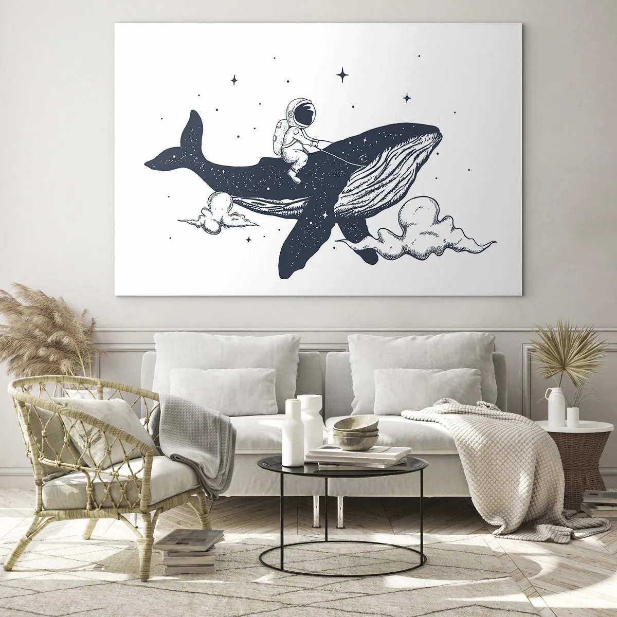 Glastavla - Bild på glas - Astronaut som rider på en val bland stjärnor och moln - 70x50cm - Rymdäventyr - Modern väggdekoration för vardagsrum och sovrum ARTTOR