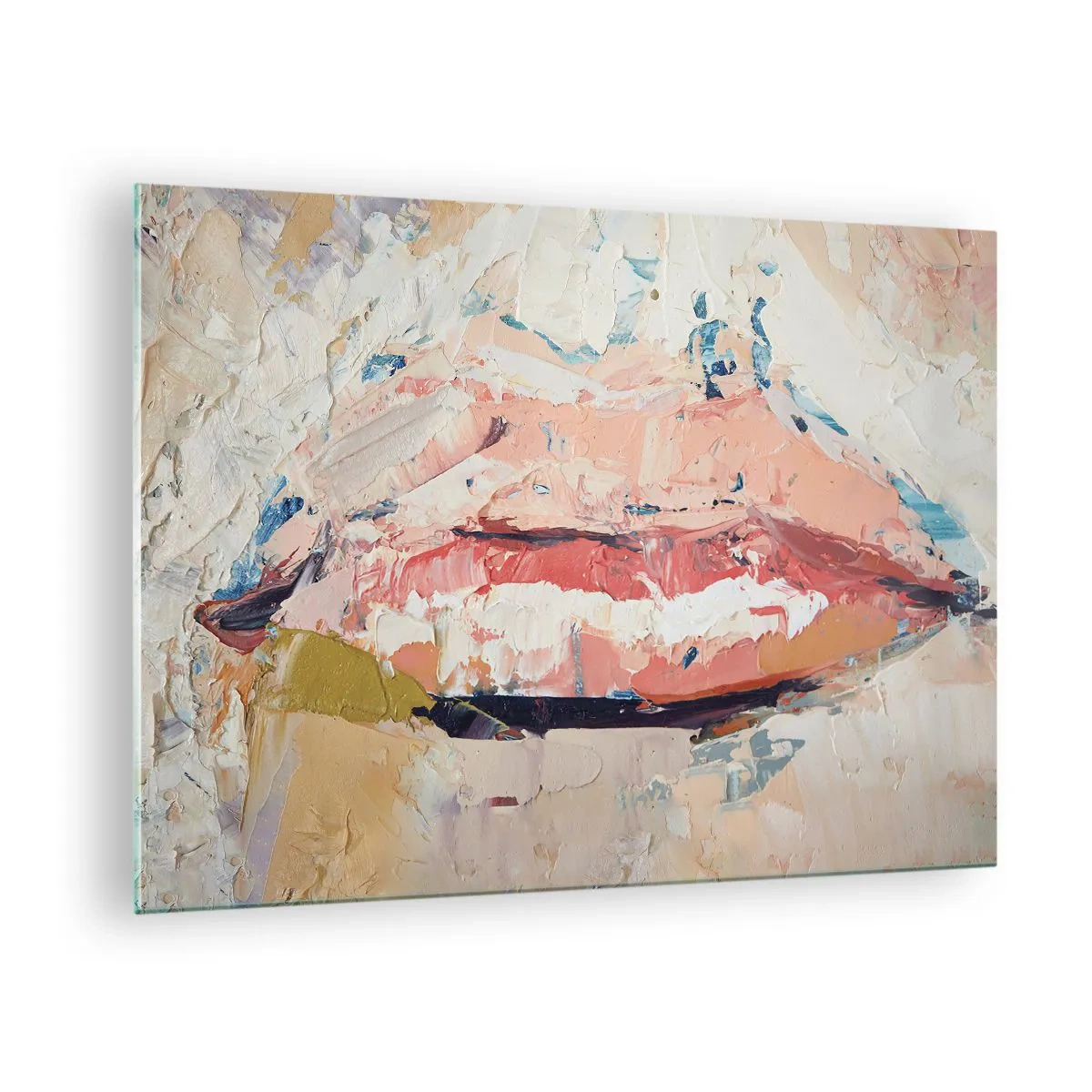Glastavla - Bild på glas - Abstrakt bild av läppar i en uttrycksfull målningsteknik - 70x50cm - Väcker sinnen - Modern väggdekoration för vardagsrum och sovrum ARTTOR