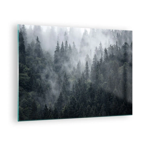 Glastavla - Bild på glas - Dimma som hänger över den täta barrskogen på morgonen - 70x50cm - Gryning i skogen - Modern väggdekoration för vardagsrum och sovrum ARTTOR