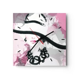 Väggklocka - Klocka på glas - En damportätt i svart och rosa - 40x40 cm