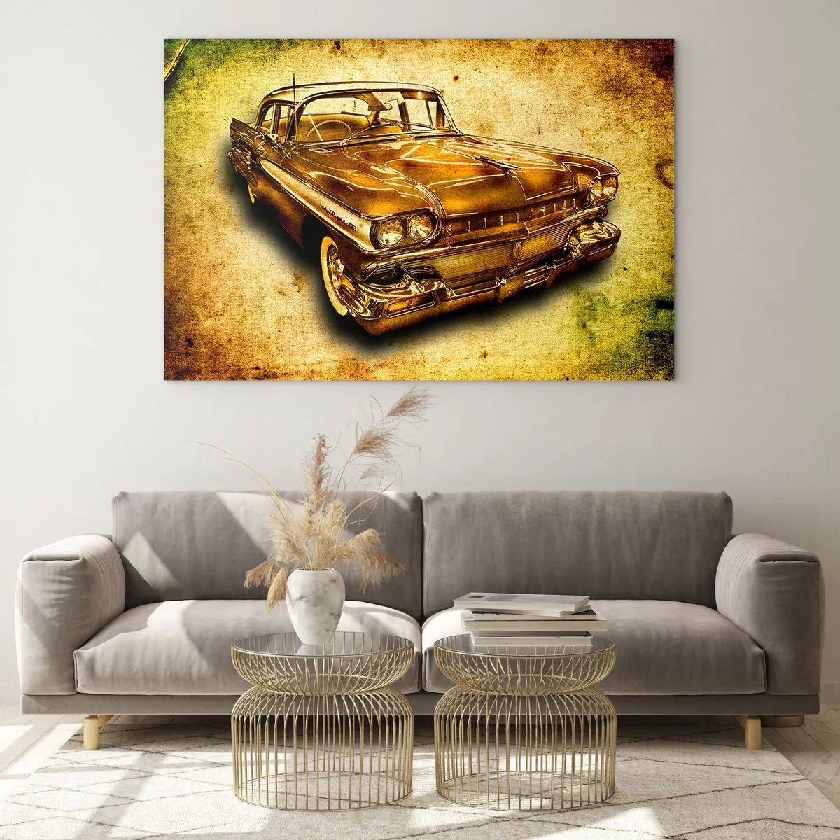 Glastavla - Bild på glas - En veteranbil med en vintagebakgrund - 70x50cm - Klassikens eviga skönhet - Modern väggdekoration för vardagsrum och sovrum ARTTOR