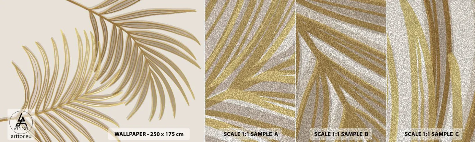 Provbit av fototapet Premium Sand - Guldpalmen - Abstraktion, Palmblad, Grafik - 100x30 cm