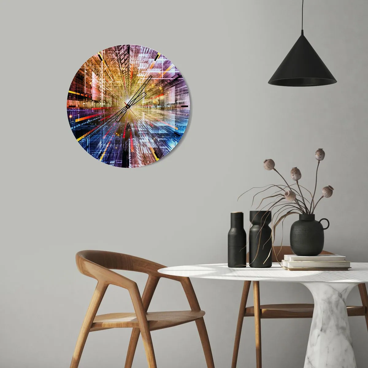 Väggklocka - Klocka på glas - En abstrakt vision av staden med ljuseffekter och färger - 30x30cm - Ljuskorridor - Modern väggdekoration för vardagsrum, kök och sovrum ARTTOR