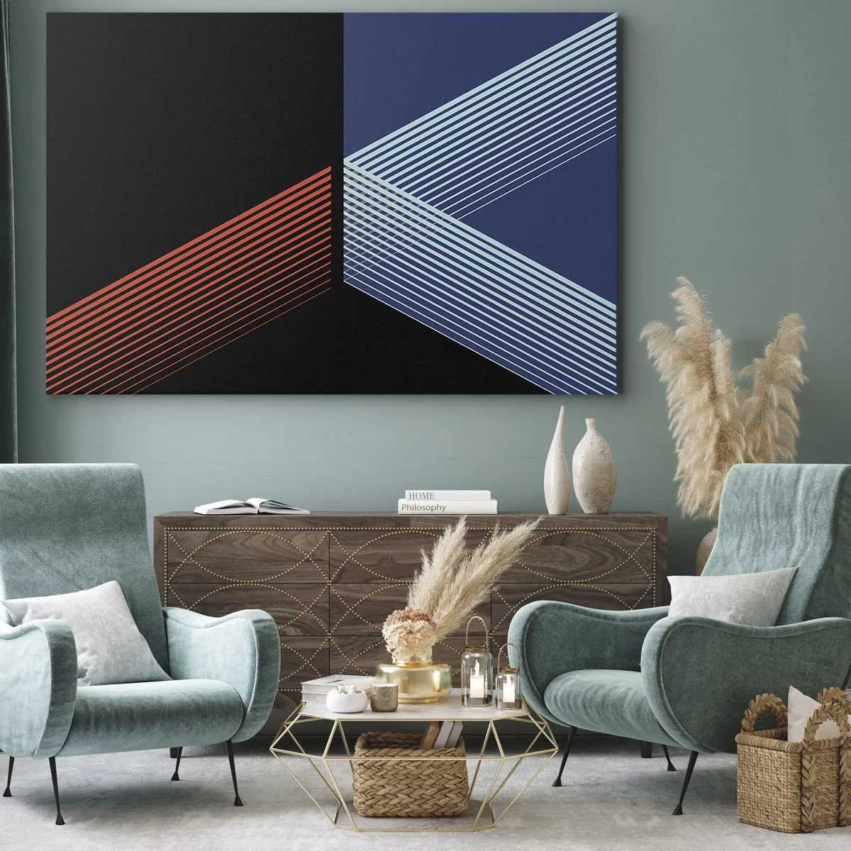 Canvastavla - Bild på duk - Geometriska linjer i nyanser av rött och blått - 70x50cm - Enkel historia - Modern väggdekoration för vardagsrum och sovrum ARTTOR