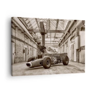 Canvastavla - Bild på duk - Svartvit racerbil i industriell interiör - 70x50cm - Segrarens vila - Modern väggdekoration för vardagsrum och sovrum ARTTOR