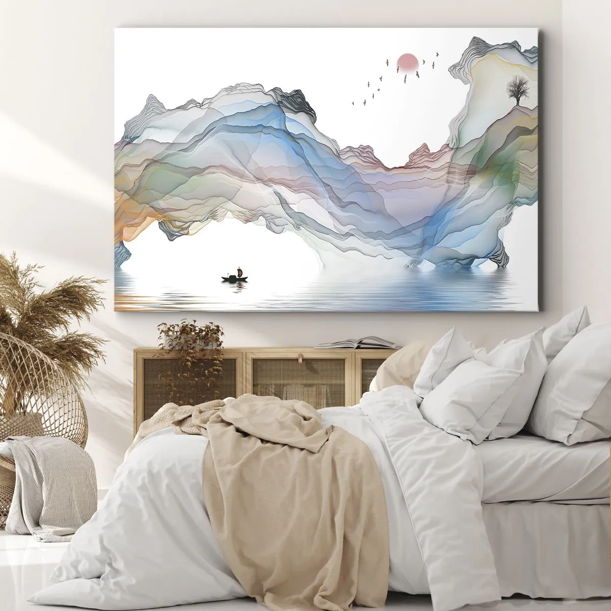 Canvastavla - Bild på duk - Ett subtilt landskap med berg, vatten och en båt - 70x50cm - Mot kristallfjäll - Modern väggdekoration för vardagsrum och sovrum ARTTOR