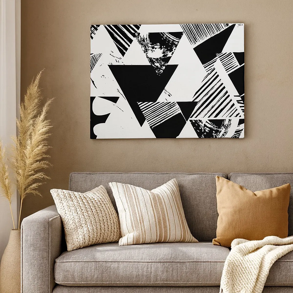 Canvastavla - Bild på duk - Geometriska mönster i svartvit minimalistisk form - 70x50cm - Det regnar trianglar - Modern väggdekoration för vardagsrum och sovrum ARTTOR
