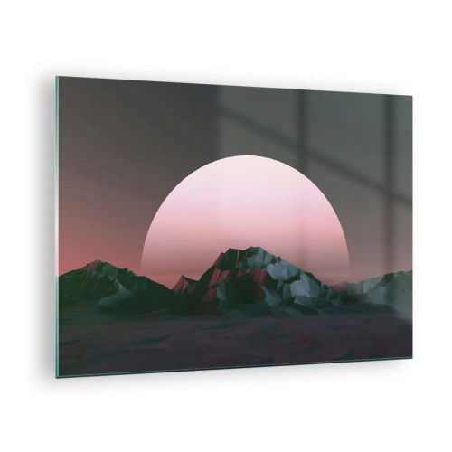 Glastavla - Bild på glas - Abstrakt landskap med geometriska berg och en rosa sol. - 70x50cm - I den granliggande galaxen - Modern väggdekoration för vardagsrum och sovrum ARTTOR