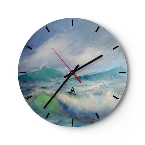Väggklocka - Klocka på glas - En bild av havsvågor med måsar i en blå himmel - 30x30cm - "Orkanen vrålade med triumf…' - Modern väggdekoration för vardagsrum, kök och sovrum ARTTOR