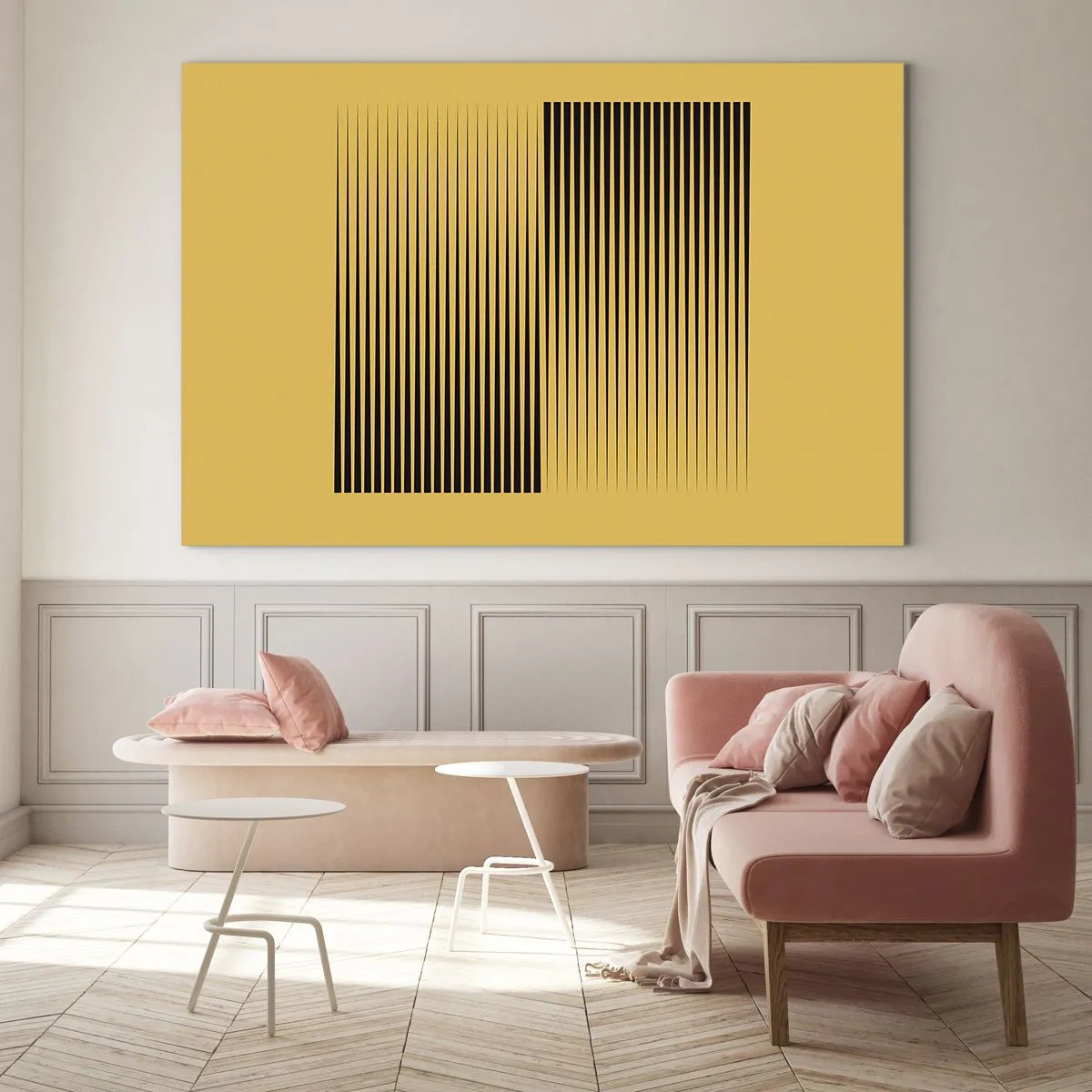 Glastavla - Bild på glas - Svarta vertikala linjer skapar en geometrisk illusion - 70x50cm - Motsatsernas kvadrat - Modern väggdekoration för vardagsrum och sovrum ARTTOR