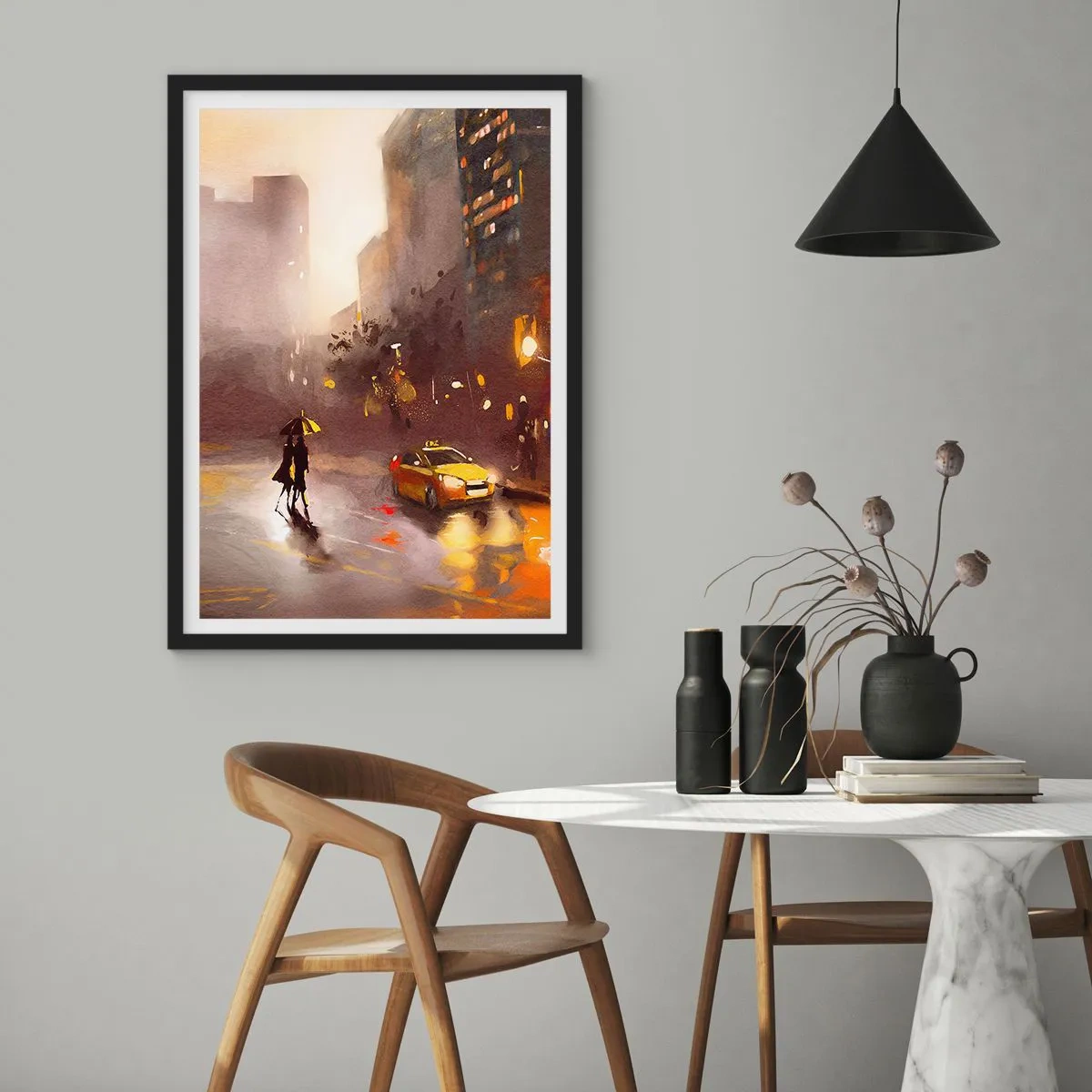 Affisch i svart ram - En akvarellmålning av en nattstad i ljuset av lyktor - 50x70cm - I New Yorks ljus - Modern väggdekoration för vardagsrum och sovrum ARTTOR