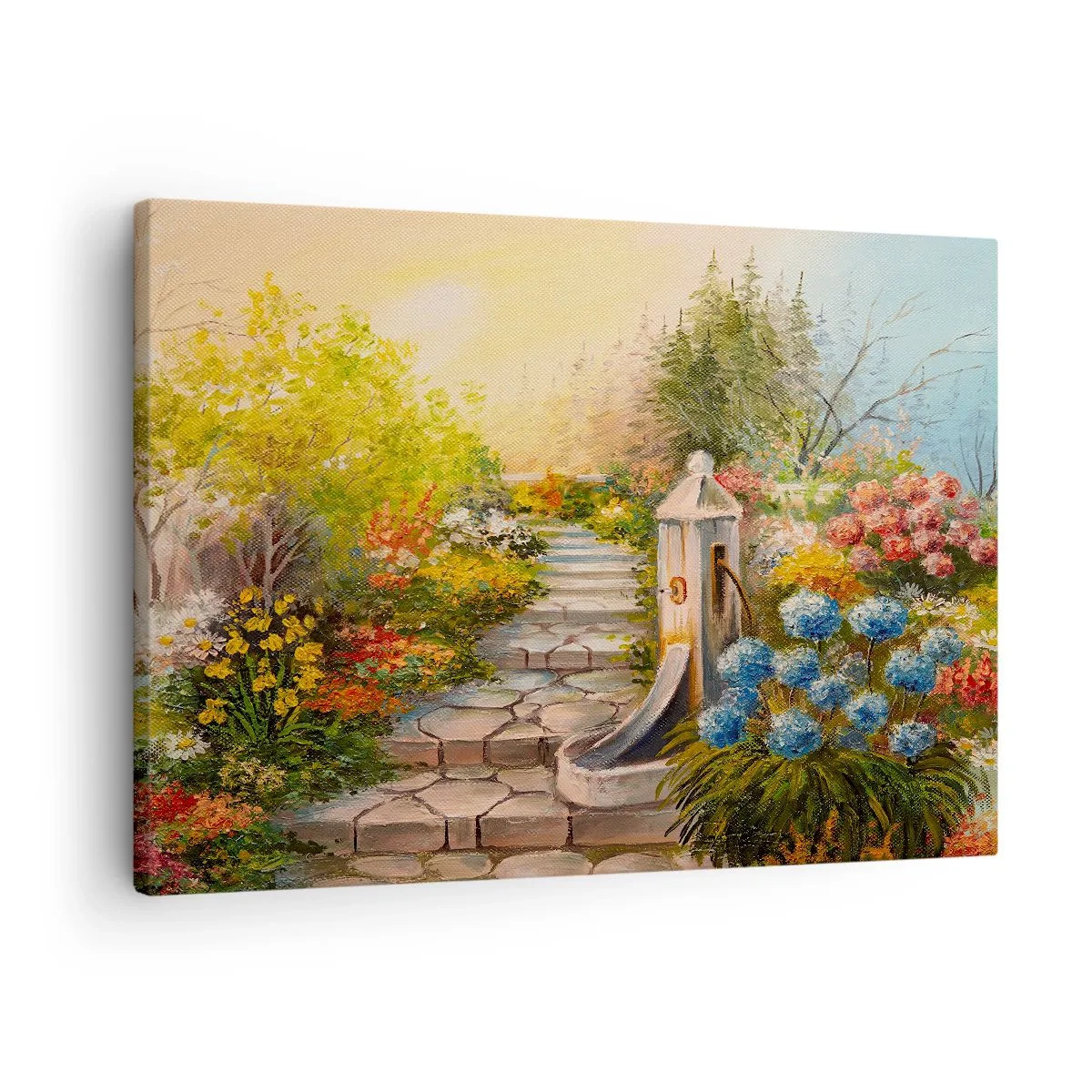 Canvastavla - Bild på duk - En pittoresk trädgård med en fontän och färgglada blommor - 70x50cm - Fullt blommande - Modern väggdekoration för vardagsrum och sovrum ARTTOR
