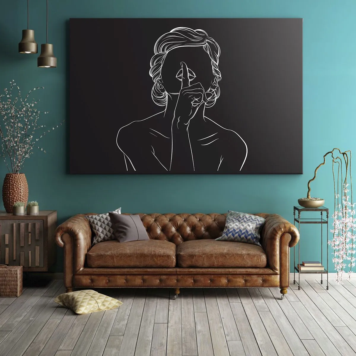 Canvastavla - Bild på duk - Minimalistisk silhuett av en kvinna på svart bakgrund - 70x50cm - Skönhet blommar i tystnad - Modern väggdekoration för vardagsrum och sovrum ARTTOR