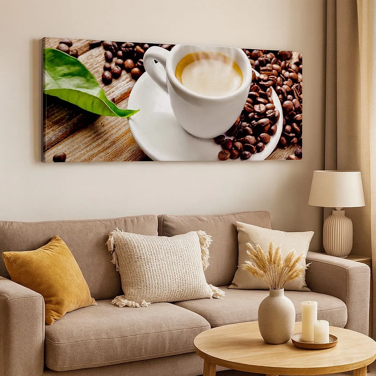 Canvastavla - Bild på duk - Kaffe på bordet - 100x40 cm