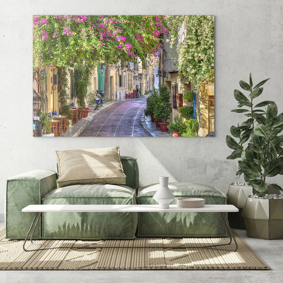 Glastavla - Bild på glas - En charmig gata med blommande träd - 70x50cm - Blommande gata - Modern väggdekoration för vardagsrum och sovrum ARTTOR
