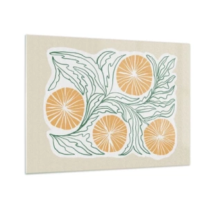 Glastavla - Bild på glas - Orange frukter och gröna blad i en grafisk komposition - 70x50cm - Etniskt med en touch av abstraktion - Modern väggdekoration för vardagsrum och sovrum ARTTOR