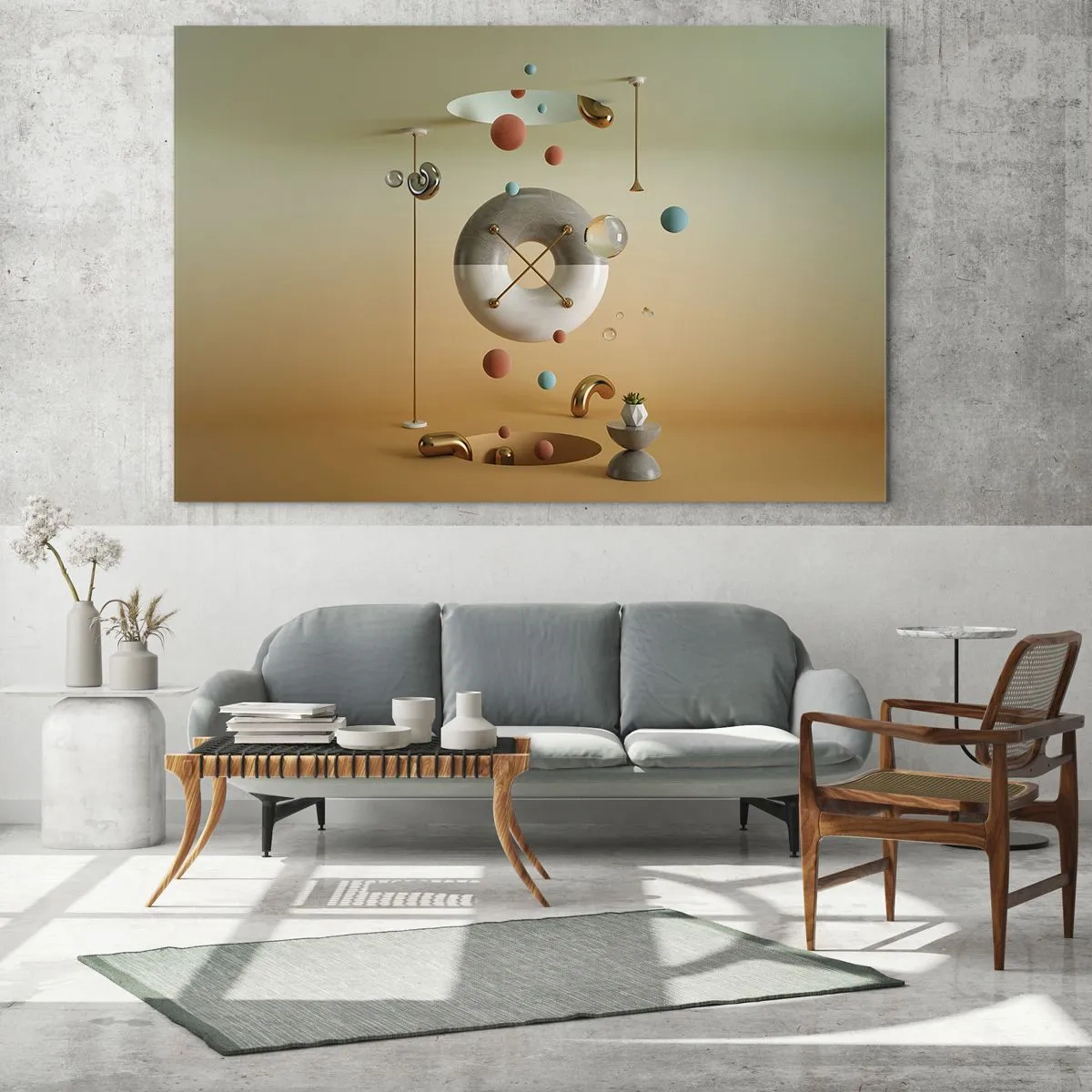 Glastavla - Bild på glas - Geometriska figurer i pastellfärger i ett abstrakt utrymme - 70x50cm - Vad som helst kan hända - Modern väggdekoration för vardagsrum och sovrum ARTTOR