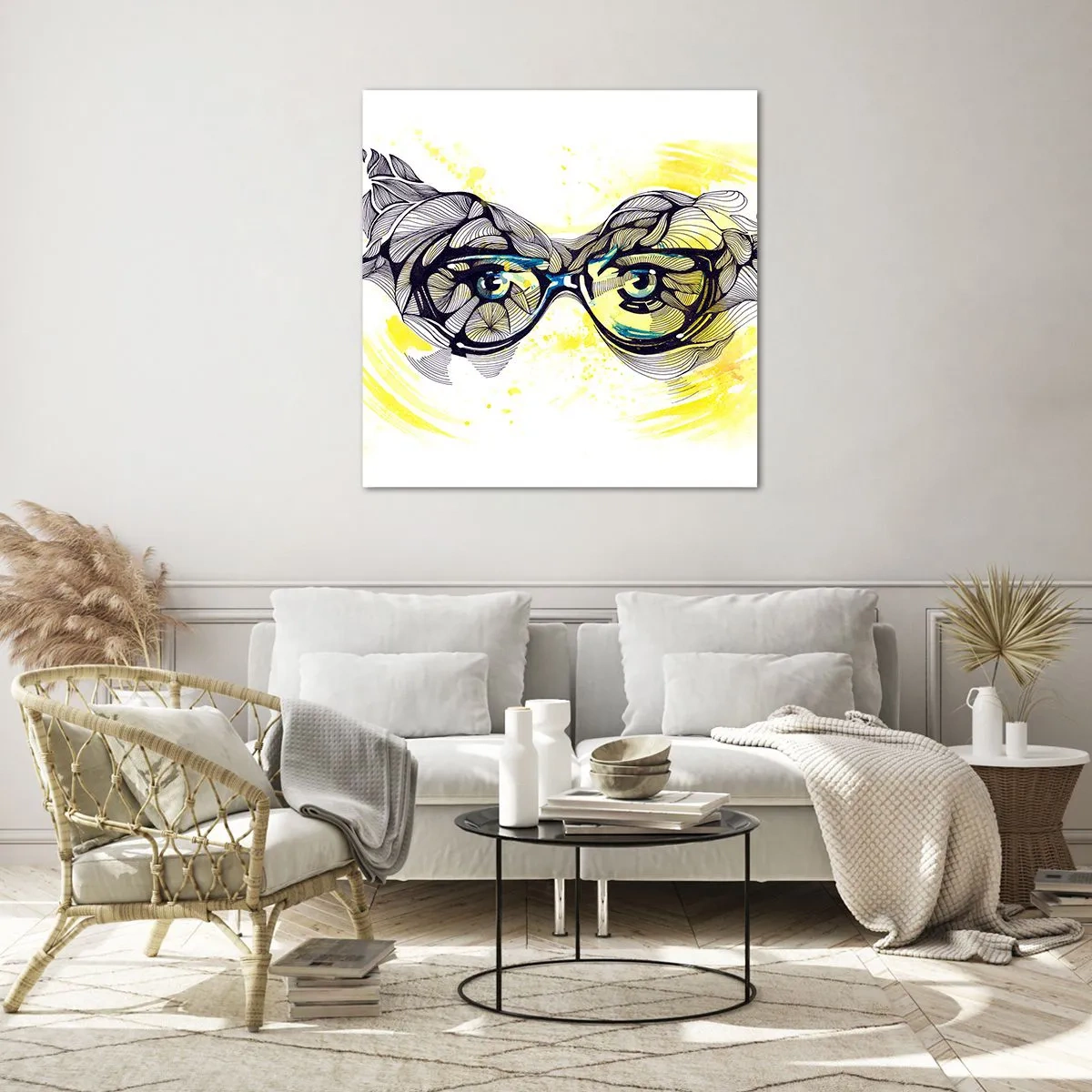 Glastavla - Bild på glas - Genom blåa glasögon - 70x70 cm