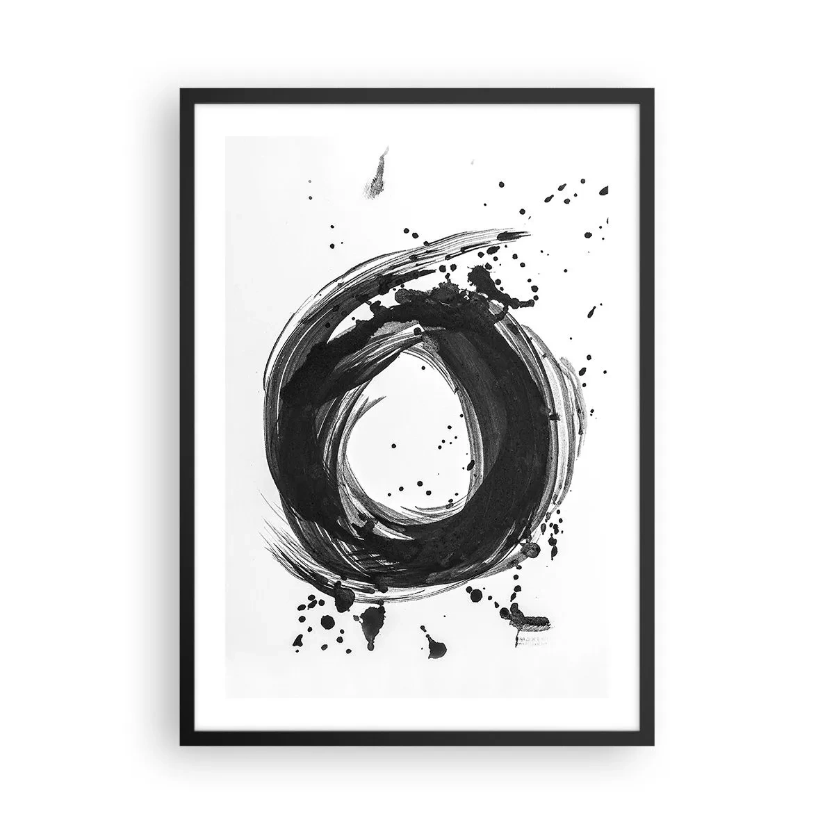 Affisch i svart ram - Svartvit abstrakt cirkel med dynamiska fläckar - 50x70cm - Skapandets virvel - Modern väggdekoration för vardagsrum och sovrum ARTTOR