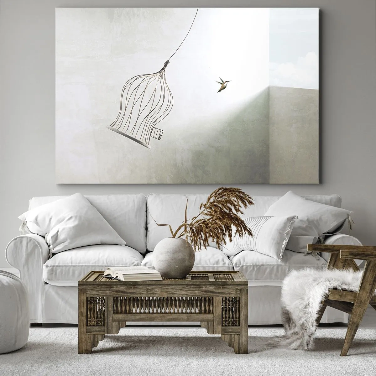 Canvastavla - Bild på duk - En fågel frigjord från en bur mot bakgrund av en ljus himmel - 70x50cm - I sitt esse - Modern väggdekoration för vardagsrum och sovrum ARTTOR