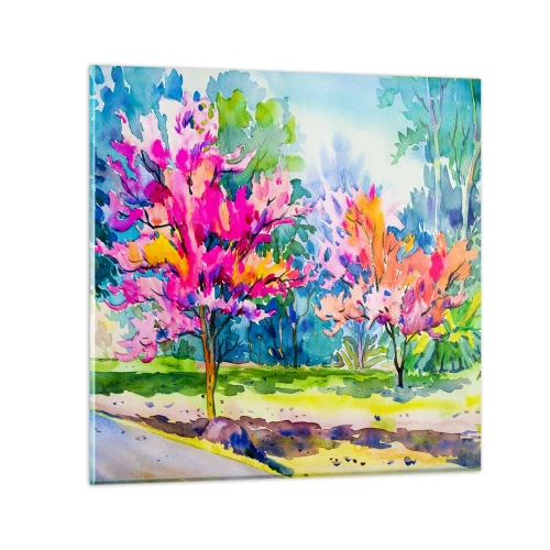 Glastavla - Bild på glas - Regnbågsträdgård i vårskenet - 30x30 cm