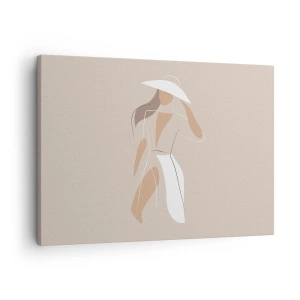 Canvastavla - Bild på duk - En minimalistisk teckning av en kvinna i hatt mot en beige bakgrund. - 70x50cm - Mode är lek - Modern väggdekoration för vardagsrum och sovrum ARTTOR