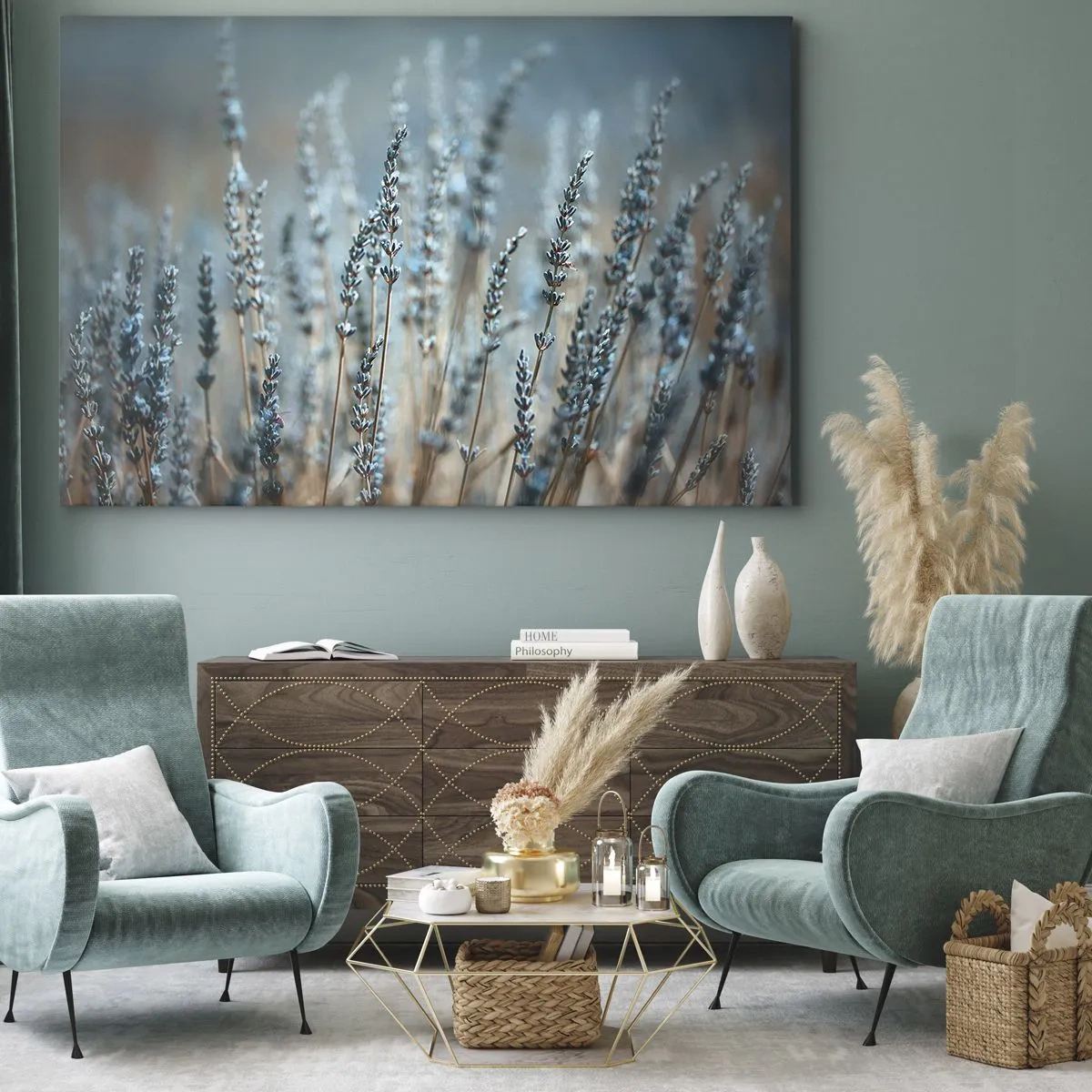 Canvastavla - Bild på duk - Lavendel på fältet i subtila pastellfärger - 70x50cm - Doftande åkermark - Modern väggdekoration för vardagsrum och sovrum ARTTOR