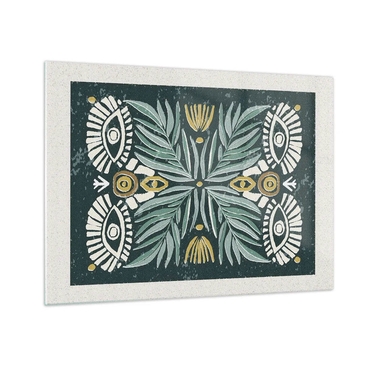 Glastavla - Bild på glas - En symmetrisk komposition av löv och mönster i folkstil - 70x50cm - Som ett folkligt mönster - Modern väggdekoration för vardagsrum och sovrum ARTTOR