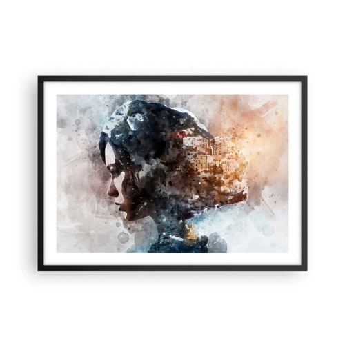Affisch i svart ram - Berättelse om en tjej med en stad i bakgrunden - 70x50 cm