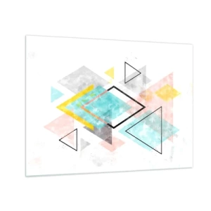 Glastavla - Bild på glas - Färgglada geometriska former på en vit bakgrund i abstrakt stil - 70x50cm - Geometriskt spel - Modern väggdekoration för vardagsrum och sovrum ARTTOR