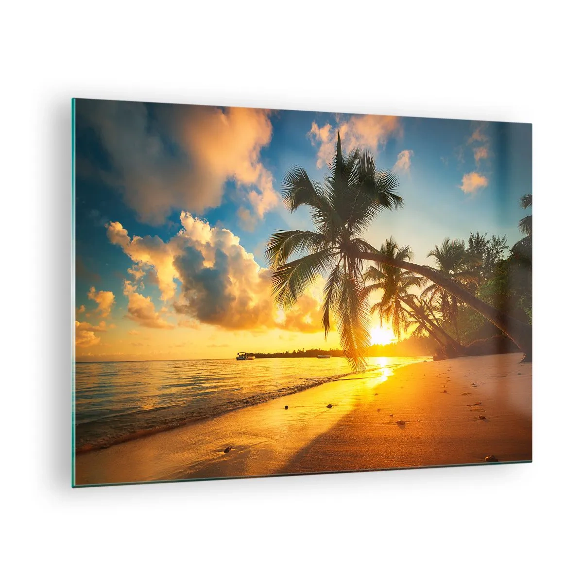 Glastavla - Bild på glas - Tropisk strand med palmer vid solnedgången - 70x50cm - Karibisk dröm - Modern väggdekoration för vardagsrum och sovrum ARTTOR