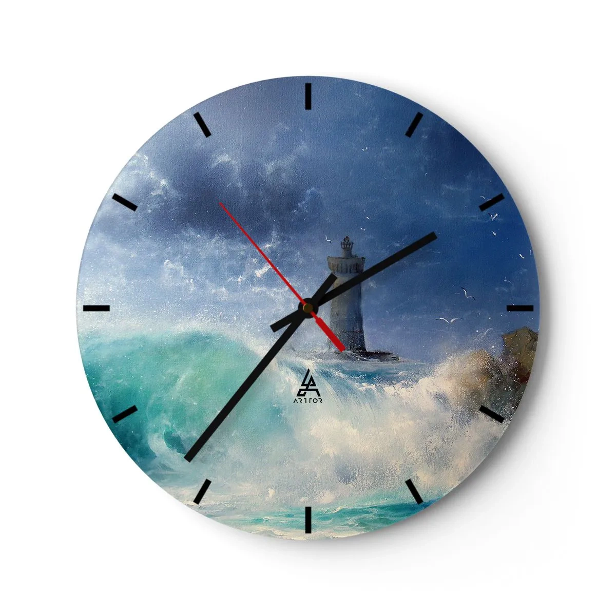 Väggklocka - Klocka på glas - En fyr omgiven av grov sjö och stormig himmel - 30x30cm - På vakt mot elementen - Modern väggdekoration för vardagsrum, kök och sovrum ARTTOR