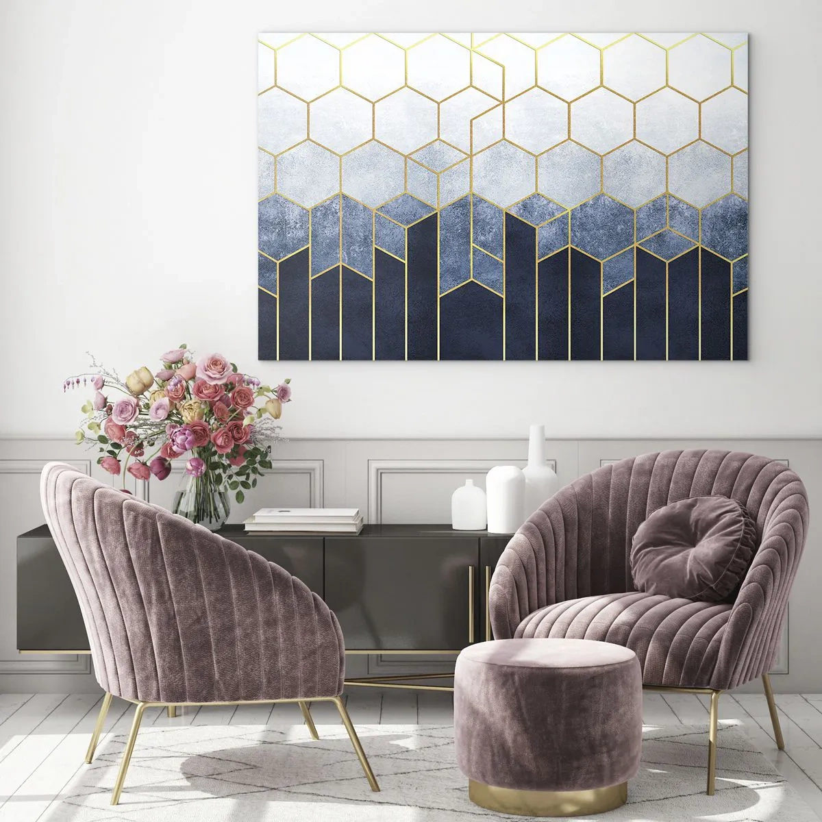 Glastavla - Bild på glas - Geometriskt mönster i guld och marinblå färger - 70x50cm - Komposition i synkoprytm - Modern väggdekoration för vardagsrum och sovrum ARTTOR