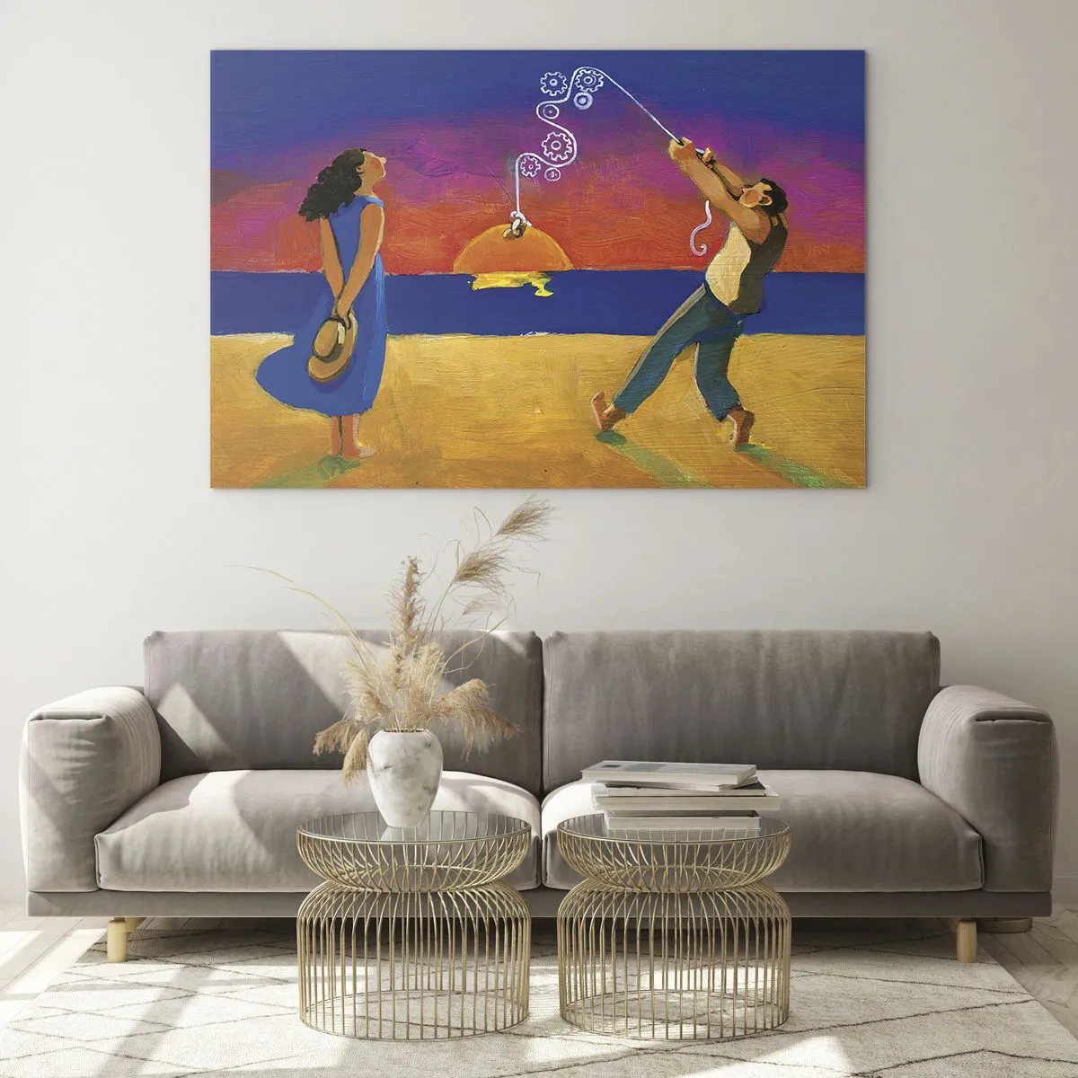 Glastavla - Bild på glas - Färgglad abstrakt av ett par på stranden vid solnedgången - 70x50cm - Mer än en stjärna från himlen - Modern väggdekoration för vardagsrum och sovrum ARTTOR