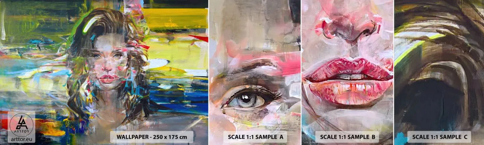 Provbit av självhäftande fototapet Deluxe Sticker - Bakom luftridån - Porträtt av en kvinna, Ansikte, Abstraktion - 100x30 cm