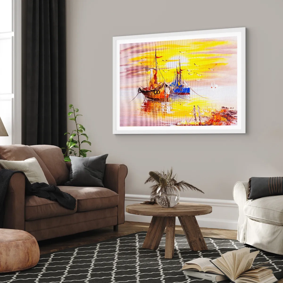 Affisch i vit ram - Välförtjänt vila i hamnen - 91x61 cm