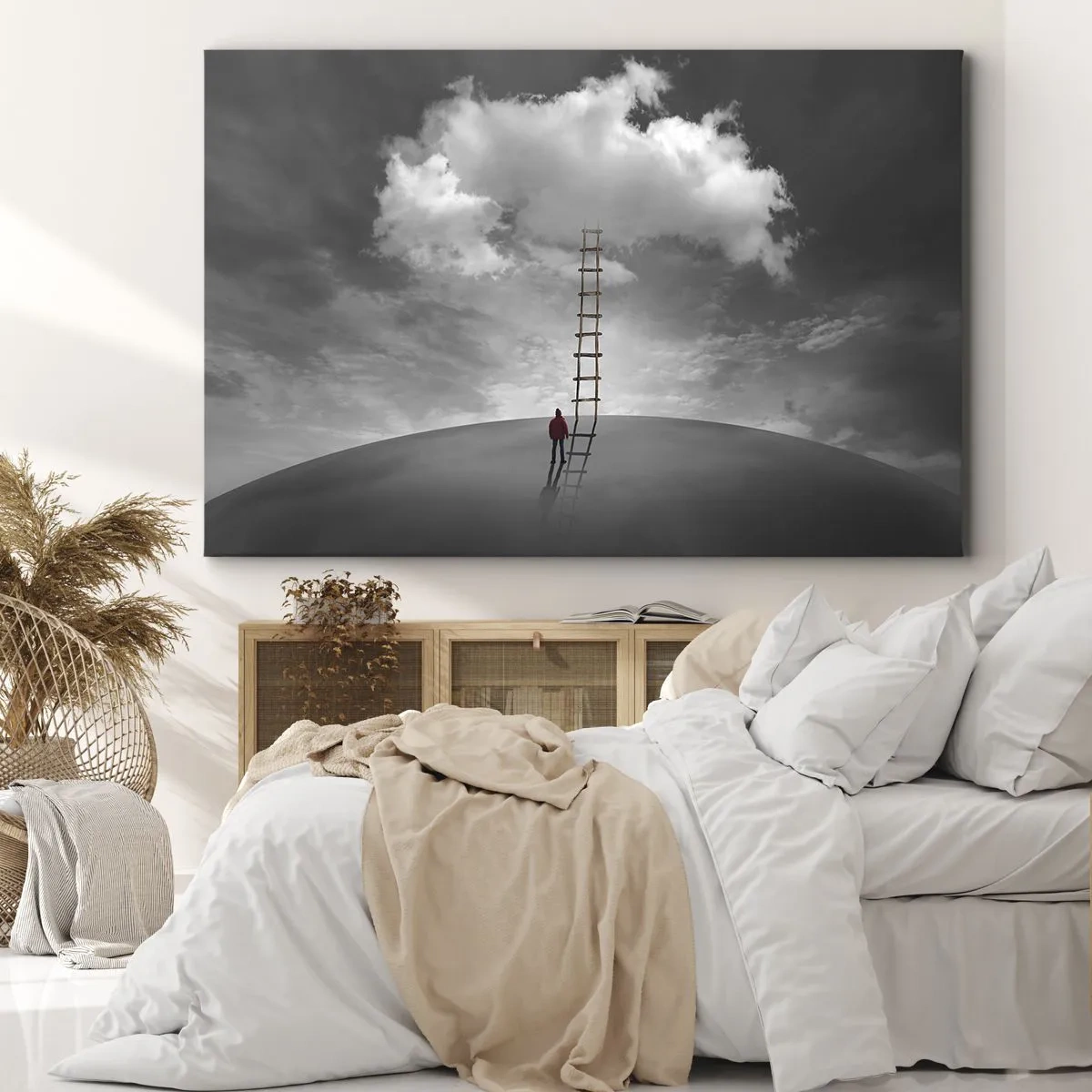 Canvastavla - Bild på duk - En person i röd rock och en stege som leder till ett moln - 70x50cm - Allt är möjligt - Modern väggdekoration för vardagsrum och sovrum ARTTOR