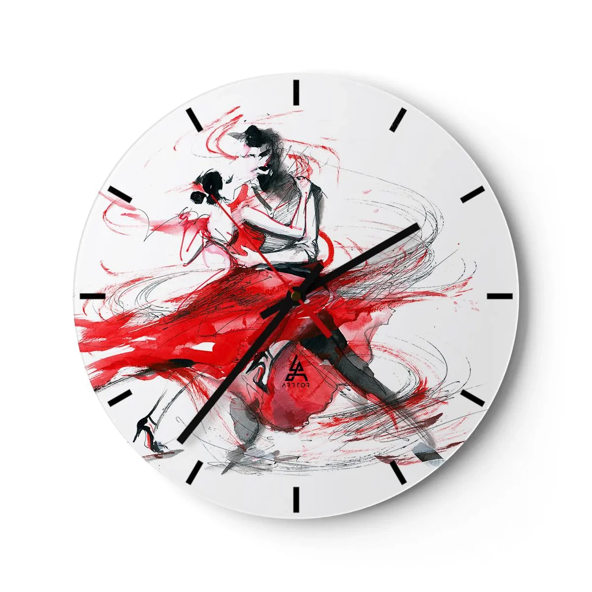 Väggklocka - Klocka på glas - Tangodansare i röda, dynamiska akvarellsträckor - 30x30cm - Tango - passionens rytm - Modern väggdekoration för vardagsrum, kök och sovrum ARTTOR