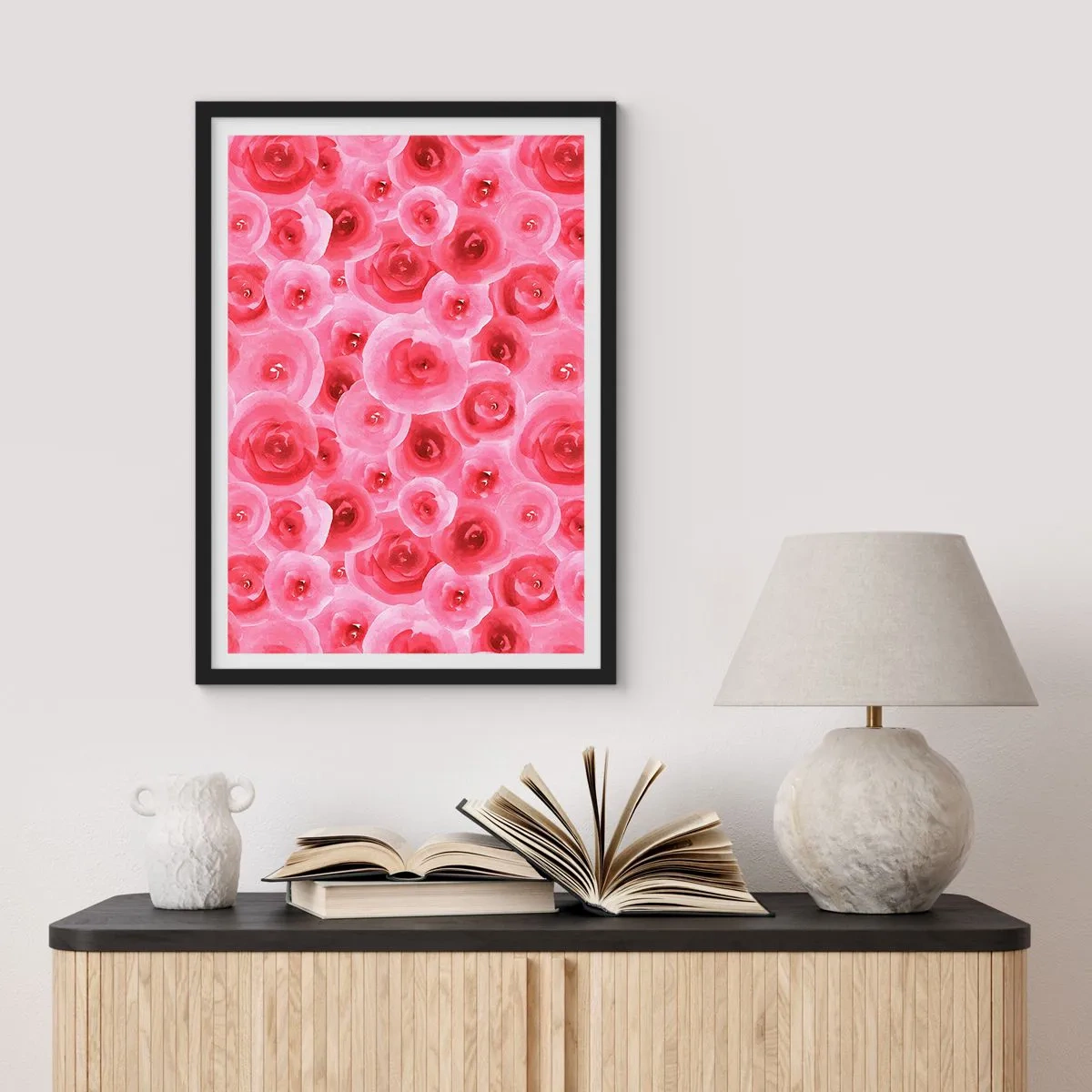 Affisch i svart ram - Akvarellrosa rosor i romantisk stil - 50x70cm - Rosor upe och nere - Modern väggdekoration för vardagsrum och sovrum ARTTOR