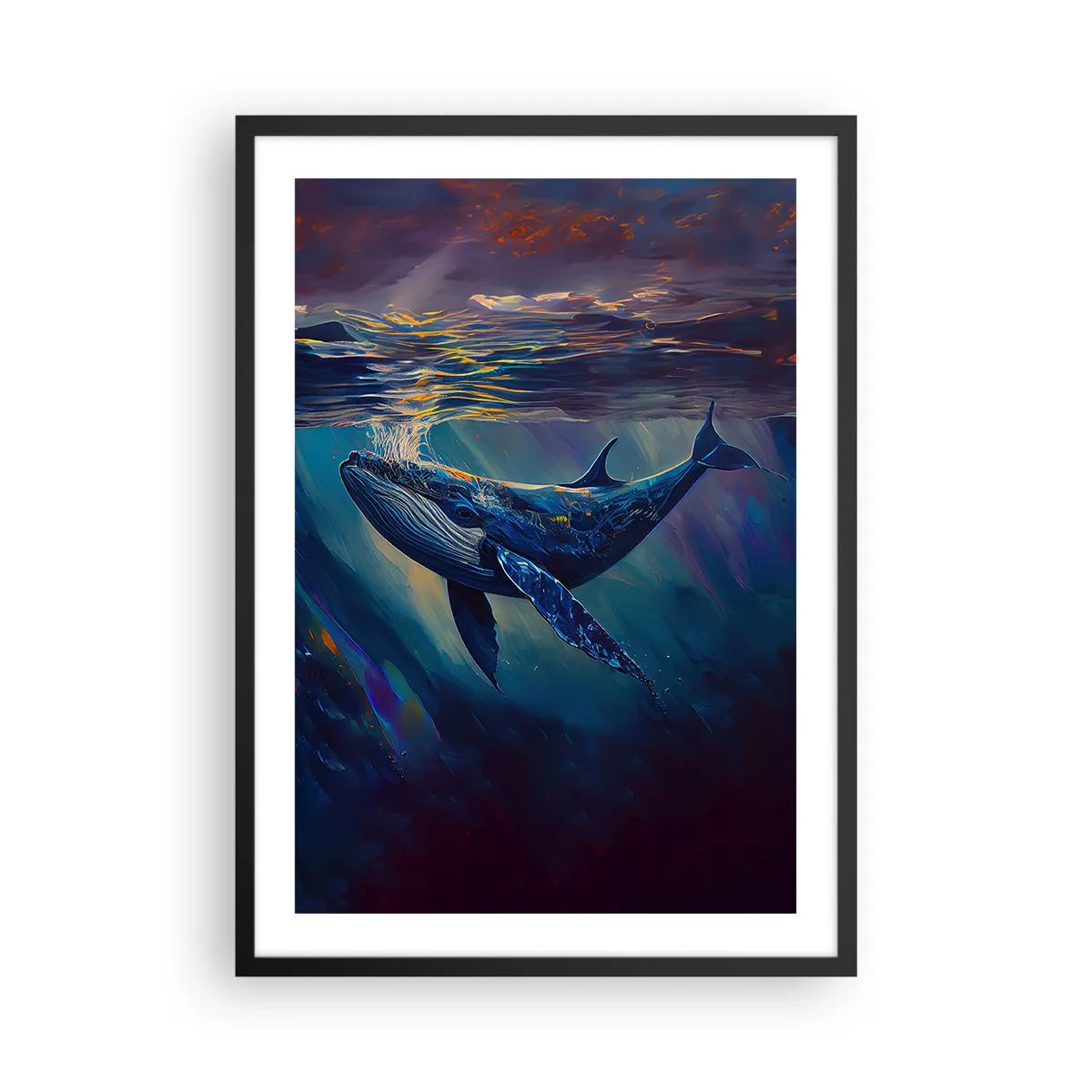 Affisch i svart ram - En stämningsfull bild av en val i undervattensljus - 50x70cm - Välkommen till min värld - Modern väggdekoration för vardagsrum och sovrum ARTTOR