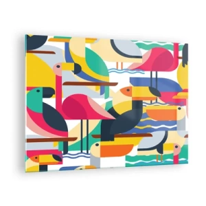 Glastavla - Bild på glas - Abstrakt illustration av färgglada fåglar i geometrisk stil - 70x50cm - Fågelparty - Modern väggdekoration för vardagsrum och sovrum ARTTOR