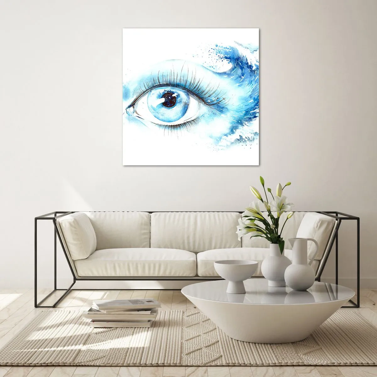 Glastavla - Bild på glas - Doppa sig i den blåa blicken - 50x50 cm