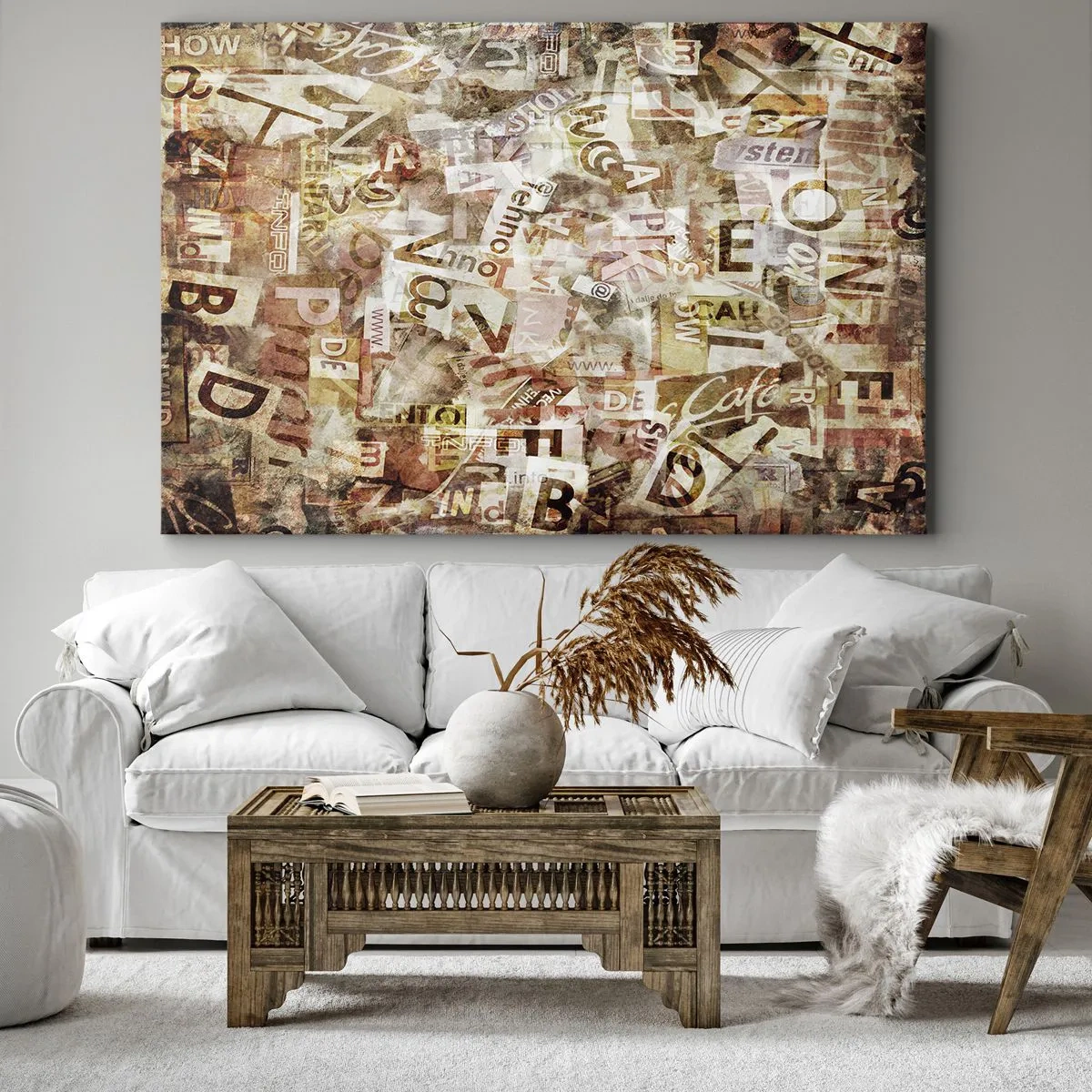 Canvastavla - Bild på duk - Abstrakt komposition med bokstäver och textfragment - 70x50cm - Snacket reduceras till enstaka bokstäver - Modern väggdekoration för vardagsrum och sovrum ARTTOR