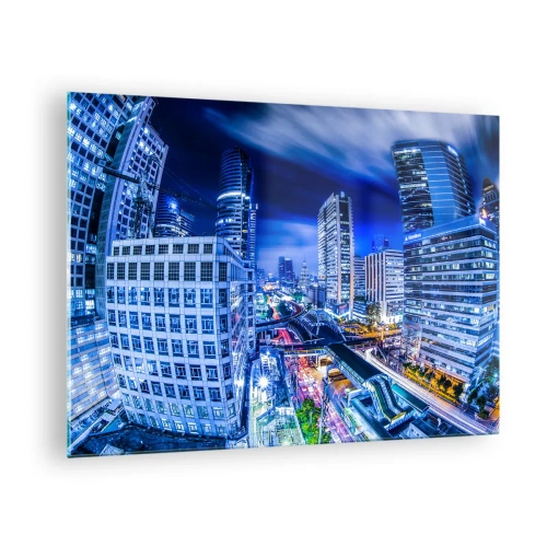 Glastavla - Bild på glas - Panorama över en modern stad på natten med starka ljus - 70x50cm - Stadens nattrytmer - Modern väggdekoration för vardagsrum och sovrum ARTTOR
