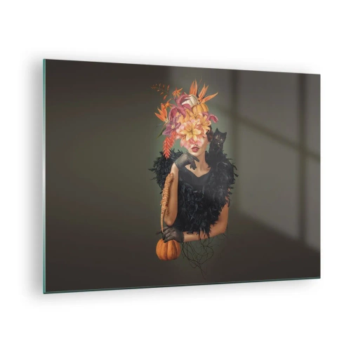 Glastavla - Bild på glas - Figur av en kvinna i svart med en pumpa, en katt och ett blomsterarrangemang - 70x50cm - Häxans troll - Modern väggdekoration för vardagsrum och sovrum ARTTOR