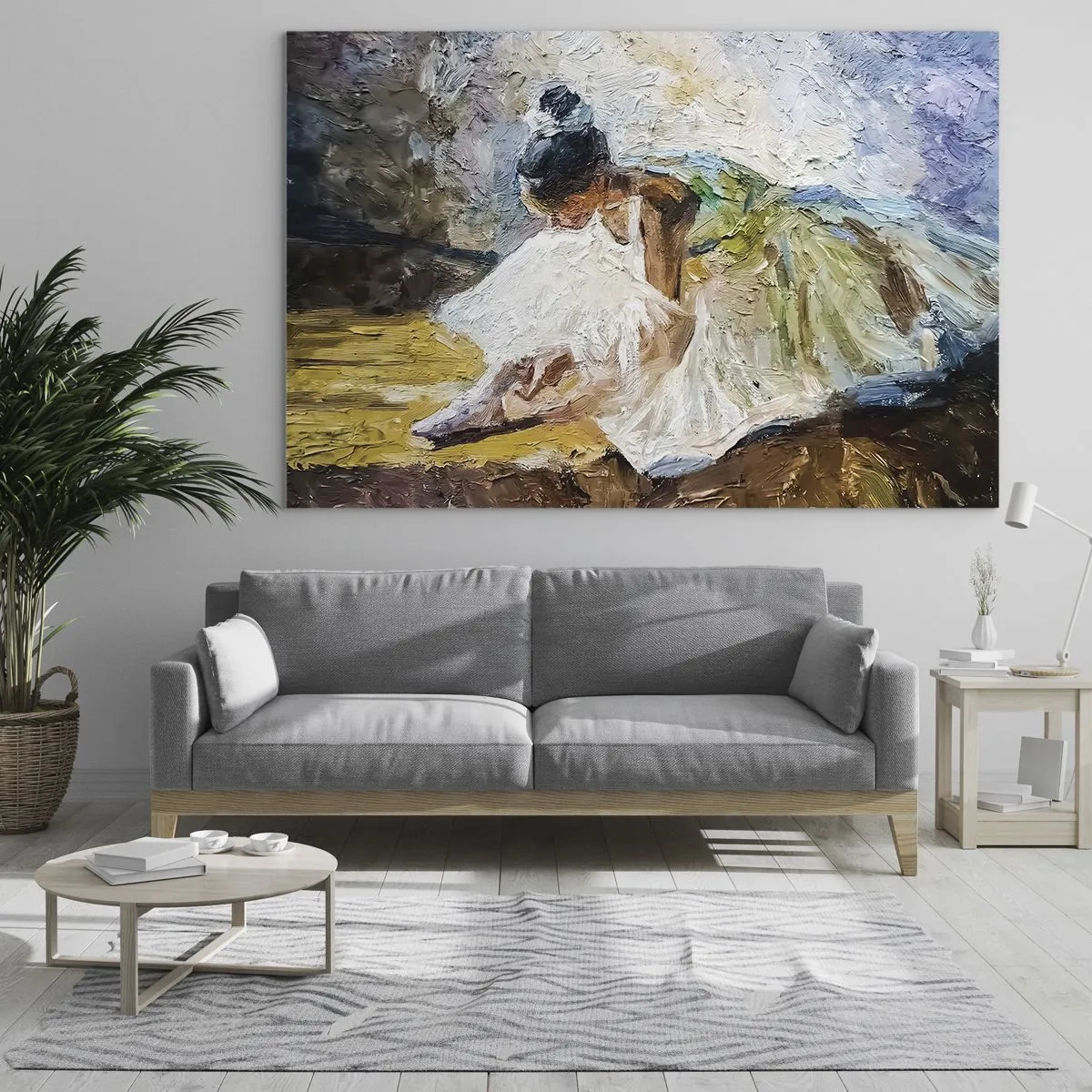 Glastavla - Bild på glas - En ballerina som lutar sig framåt i en vit klänning målad med oljestruktur - 70x50cm - Från Degas tavla - Modern väggdekoration för vardagsrum och sovrum ARTTOR