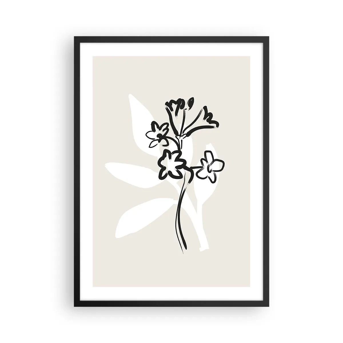 Affisch i svart ram - Minimalistisk blomteckning - 50x70cm - Skiss till ett herbarium - Modern väggdekoration för vardagsrum och sovrum ARTTOR